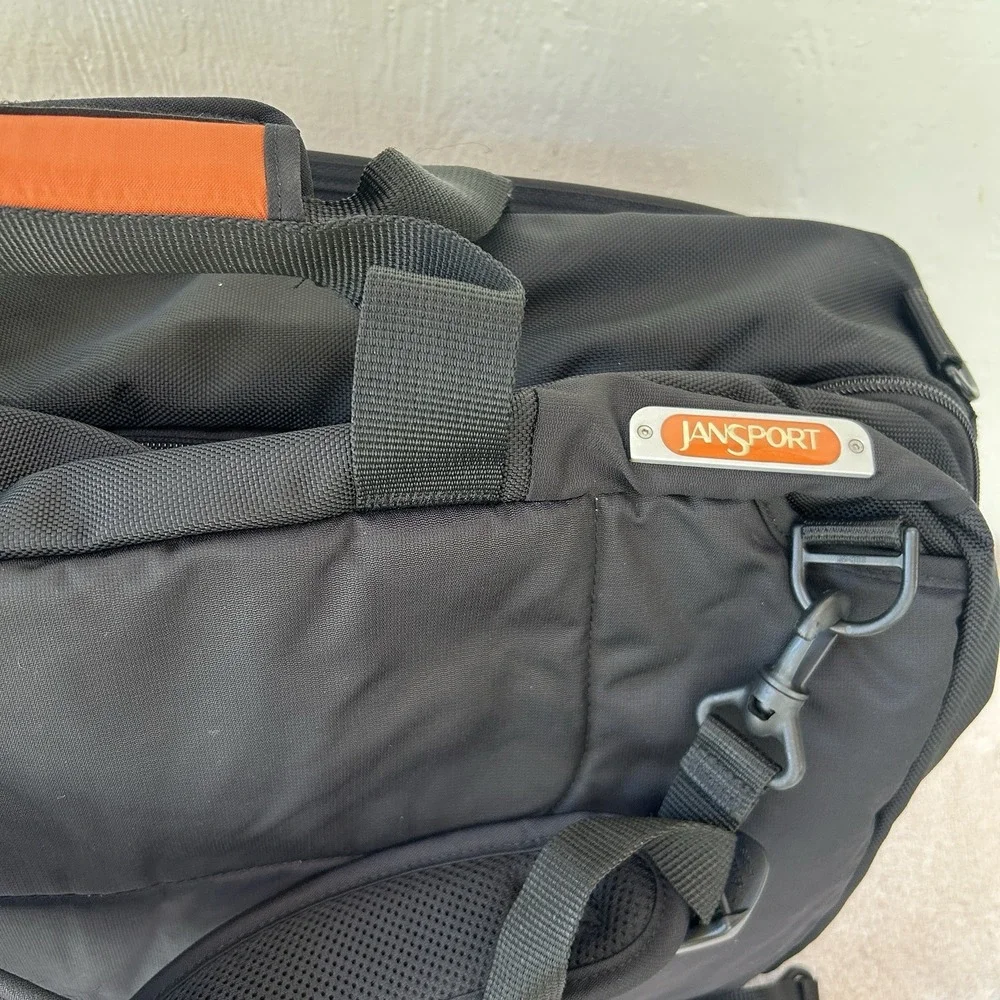 Vintage Jansport Duffle Luggage Black W/ Leather Handle Patches Removable Strap